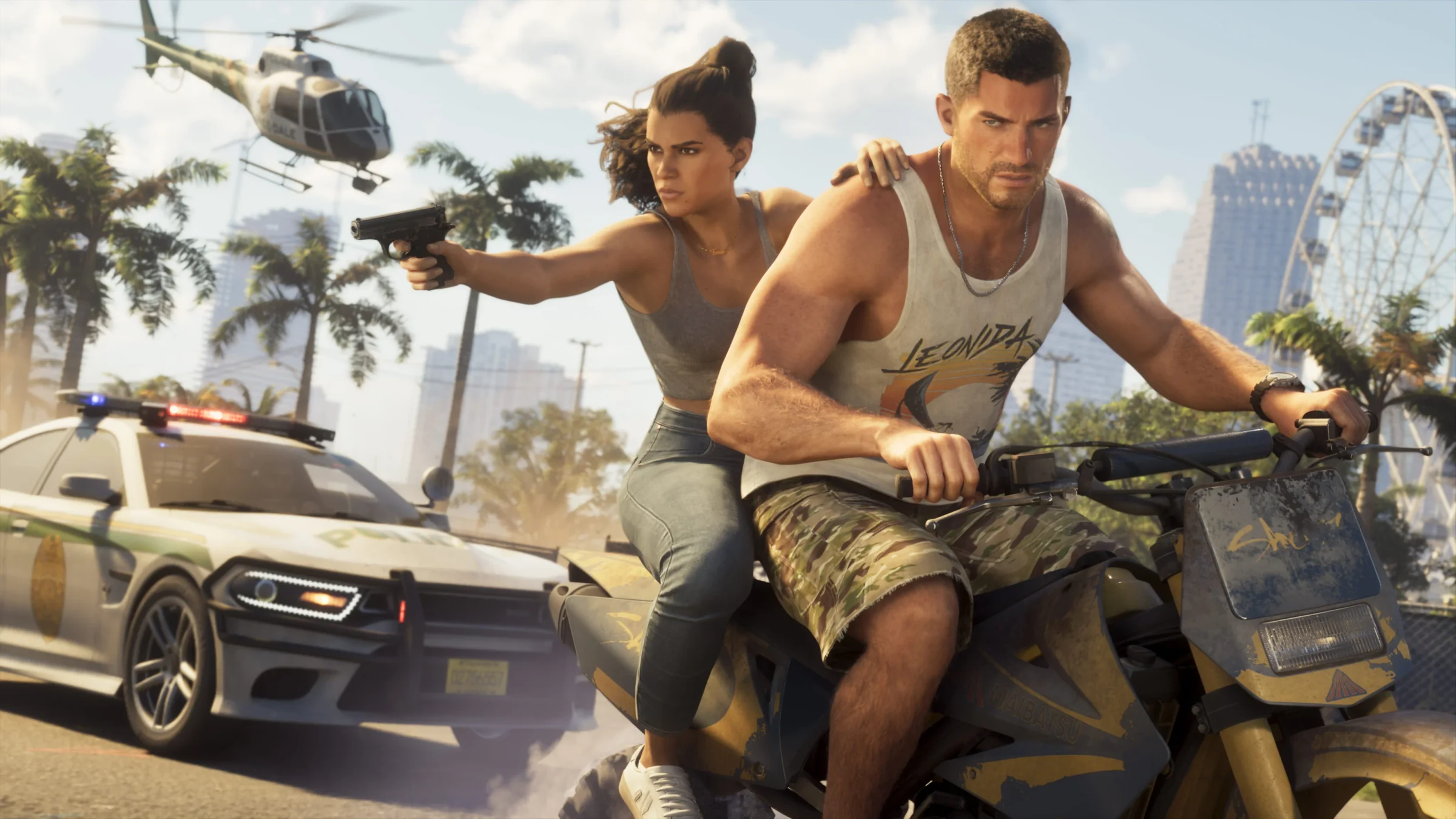 GTA VI artwork showing two characters riding a motorcycle during a police chase